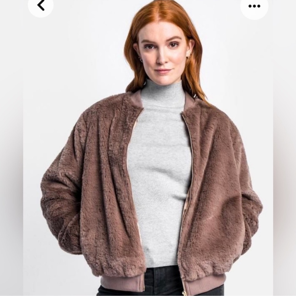 Pink Martini Plush Teddy Bomber Jacket - Brown